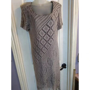 Helene Blake Dress Beige Lace Over Black Lining Fringe Hem Sz 16 Flapper 20's